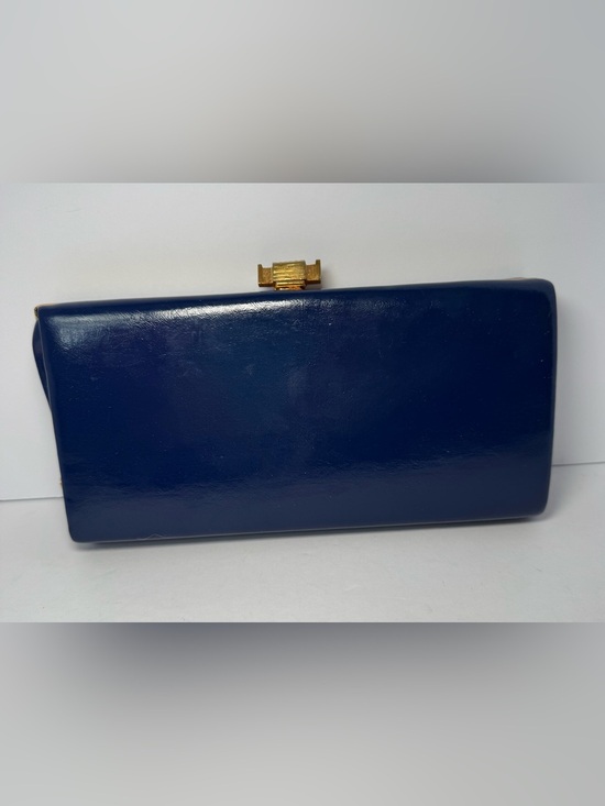 Handbags - Vintage 1960s Elbief England Navy Blue Patent Box Clutch Bag Gold Clasp